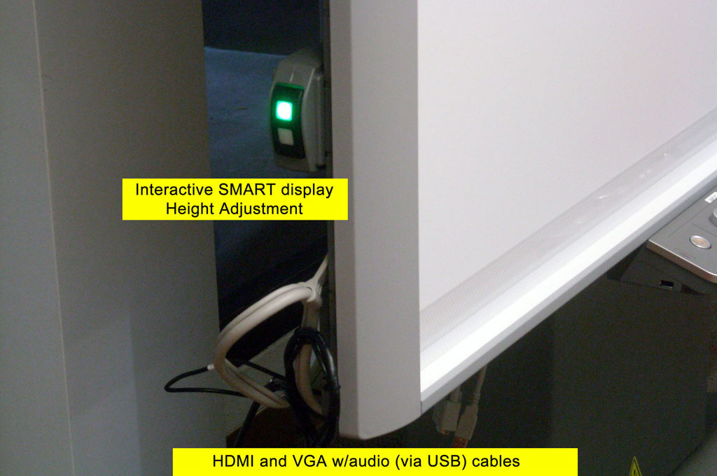Shows placement of Interactive display height adjustment controls, and HDMI and VGA (via USB) cables