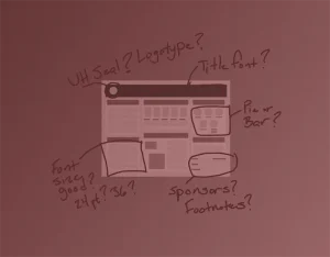 Illustration of poster draft with questions and notes.