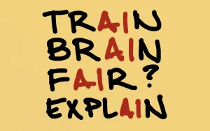 Words in black text on a beige wall, featuring words related to the ethical issues of using AI-assisted assessment in higher education; the letters "AI" are in red.