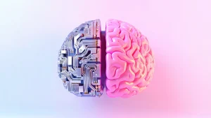 A brain with one half made from metal and electronics and the other made from realistic pink plastic.